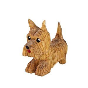 Hand Carved Wooden Dog Figurine Scottish Terrier Design Playful Pose Red Tongue